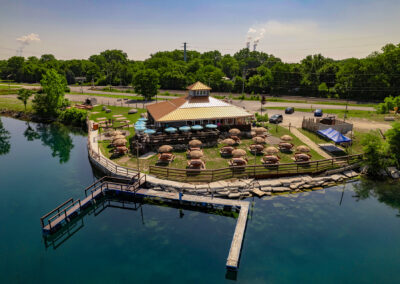 The Quarry Restaurant drone image with water and a dock
