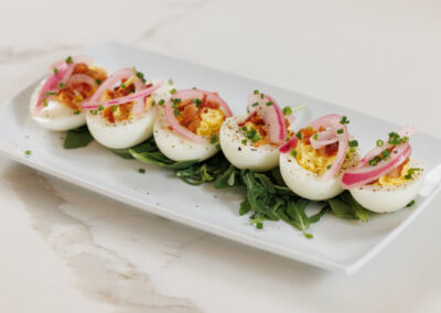Bacon Deviled Eggs at an angle